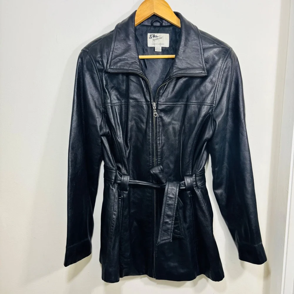 VTG Jacqueline‎ Ferrar Women's Black Genuine Leather Jacket Belted Zip Sz Medium